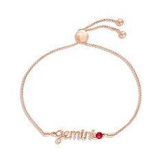 Wear your star sign with this mystical bolo bracelet featuring "Gemini" crafted in swirling 10K rose gold letters. A lab-created ruby adds sparkling color to the design. The 9.5-inch wheat chain secures with a sliding bolo clasp. Zodiac Gemini, Bolo Bracelet, Lab Created Emerald, Gemini Zodiac, Swiss Blue Topaz, Star Sign, Gold Letters, Star Signs, Blue Topaz