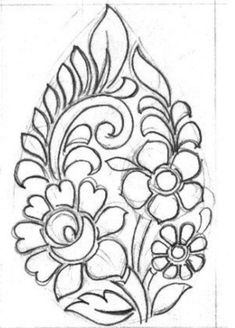 a drawing of flowers and leaves in the shape of a tear shaped piece of paper