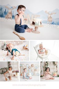 a baby sitting on the floor in front of a cake and surrounded by other photos