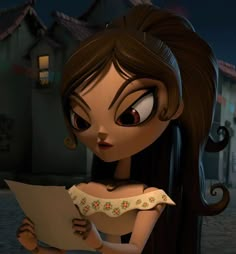 a cartoon girl holding a piece of paper in her hand and looking at the camera