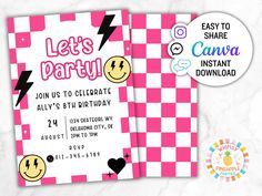 a pink and white checkered birthday party card with the words let's party on it