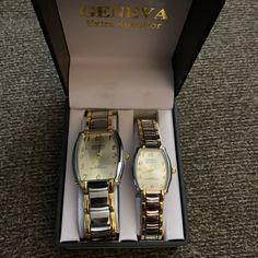 Geneva Extra Superior Couples Matching Watches! Brand New In Original Box! Luxury Vintage Engraved Jewelry And Watches, Matching Watches For Couples, Vacheron Constantin Overseas Dual Time, Matching Watches, Luxury Analog Collectible Watches, Geneva Watch, Couples Matching, Box Color, Matching Couples