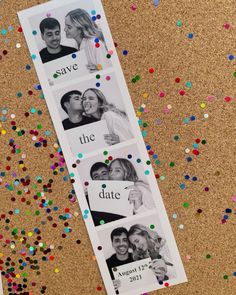 the save the date bookmarks are decorated with multicolored confetti