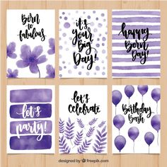 four watercolor birthday cards with balloons and flowers