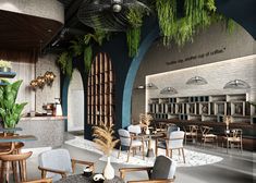 the interior of a restaurant with tables, chairs and potted plants on the walls