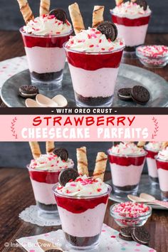 strawberry cheesecake parfait with oreo crusts on top and cookies in the middle