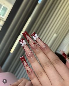 Nail Discount Ideas, Red Cherry Nail Designs, Red Cherry Nails Acrylic, Red Long Nails Designs, Red Nails With Cherries, Red Birthday Nails Acrylic, Red Baddie Nails Acrylic, Latina Nails Red, Cherry Design Nails