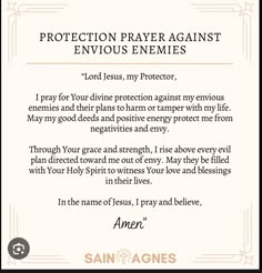 a prayer card with the words protection prayer against envirousnesses on it