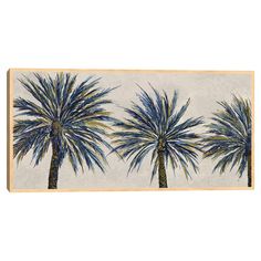 three palm trees with blue leaves on a white background, framed in wooden frame and ready to hang