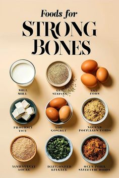 Foods that promote strong bones are rich in calcium, vitamin D, and other essential nutrients that support bone density and health. Key foods include dairy products like milk, cheese, and yogurt, which are high in calcium. Leafy greens such as kale and spinach provide plant-based calcium, while fatty fish like salmon and mackerel offer vitamin D, which helps the body absorb calcium. Other bone-strengthening foods include almonds, tofu, fortified cereals, and seeds. Incorporating these into your diet can help maintain bone strength and prevent conditions like osteoporosis. Bone Healing Foods, Food For Strong Bones, Vegan Calcium, Bone Strengthening, Fortified Cereals, Simple Family Meals, Calcium Rich Foods, Foods With Calcium, Sources Of Calcium