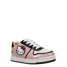 Complete your sporty style with this new Hello Kitty Casual Court Sneaker. This pink patent PU sneaker with black patent trim is a classic trainer style. It offers a lace-up closure with Hello Kitty screen print art and an embroidered pink bow. The breathable white perforated toe cap along with a foam padded tongue and collar will offer great comfort. This sneaker?s fashion-forward design can be worn as everyday casual wear! Size: 11.  Gender: female.  Age Group: kids. Screen Print Art, Screen Printing Art, Girls Shoes Kids, Big Girl, Casual Girl, Sporty Style, Pink Bow, Screen Print, Pink Girl