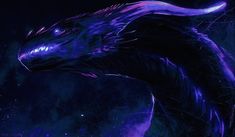 a purple and black dragon is in the dark with stars on its back, it's head turned to the side