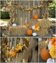 pumpkins and hay bales are arranged on the ground