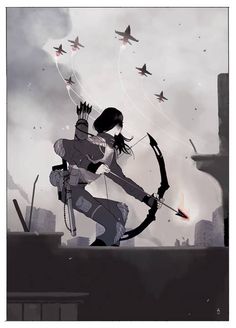 an anime character holding a bow and arrow in front of some birds flying above her