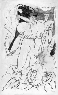 a black and white drawing of two people on a bed, one holding the other's arm