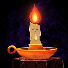 a lit candle sitting on top of a bowl with an orange ribbon around it's edge