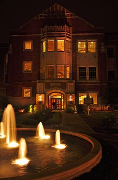 water fountain in front of large building at night