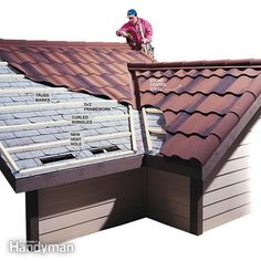 a man is working on the roof of a house that has been gutted with shingles