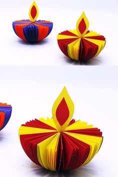 four different images of folded paper flowers on white background, one is red and the other is yellow