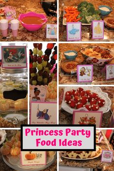 Food Ideas For Princess Birthday Party, Princess Birthday Party Stations, Princess 1st Birthday Party Food, Princess Theme Birthday Food, Disney Princess Food Labels, Princess Birthday Party Appetizers, Princess Party Finger Foods, Princess Tea Party Food Ideas, Princess Party Menu Ideas