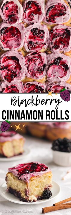 blackberry cinnamon rolls are stacked on top of each other