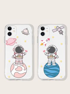 two iphone cases with an astronaut and spaceman on the back, one is clear