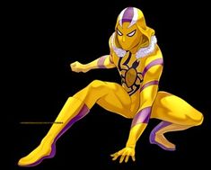 a yellow and purple cartoon character sitting on the ground with his legs spread wide open