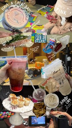 a collage of food and drinks on a table with people taking pictures in the background