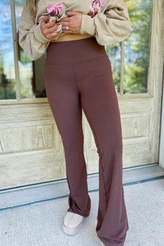 Linda High Waist Butter Soft Flared Bell Bottom Leggings - Be You Boutique Brown Stretch Full-length Yoga Pants, Brown Yoga Bottoms For Fall, Casual Brown Yoga Pants For Fall, Fitted High Waist Yoga Pants For Fall, Fall High Waist Fitted Yoga Pants, Non-stretch Full Length Leggings For Fall, Fall Yoga Pants, Red Stretch Leggings For Fall, Fitted Yoga Bottoms For Fall