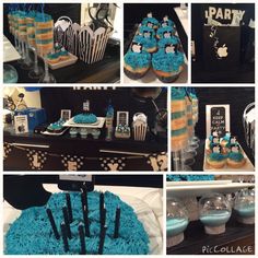 a collage of photos with blue and black decorations on it's sides, cupcakes in the shape of penguins