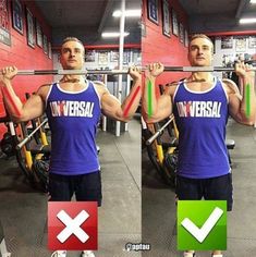 two pictures of a man doing exercises with barbells