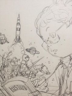 a pencil drawing of a boy with a rocket ship in the sky behind him and another person looking on