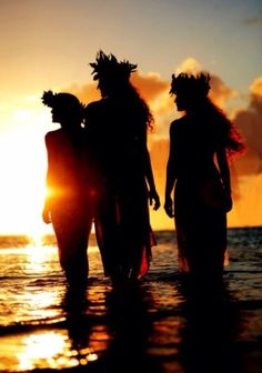 two people standing in the water at sunset with their backs to each other, facing the ocean