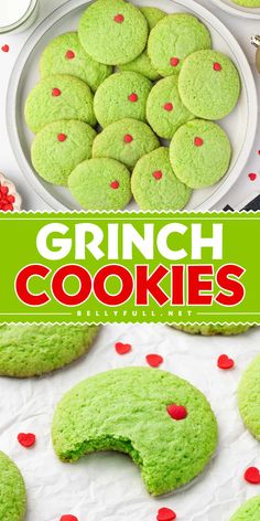 These Homemade Grinch Cookies are a fun twist on cream cheese sugar cookies, with the classic Grinch green color and red heart sprinkle. Soft, chewy, and so yummy, they're the perfect Christmas cookies. Add this to your holiday baking list Easy Grinch Cookies, Grinch Christmas Cookies, Grinch Cookie, Doodle Cookies, Staple Meals, Snicker Doodle, Dreamy Christmas, Christmas Cookie Swap, Cream Cheese Sugar Cookies