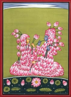 a painting with pink flowers and two birds on it's back, surrounded by water lilies