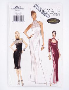 two women's evening gowns and one woman's evening dress sewing pattern