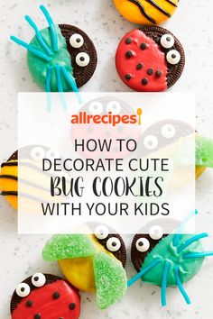 some cookies with googly eyes on them and the words how to decorate cute bug cookies with your kids