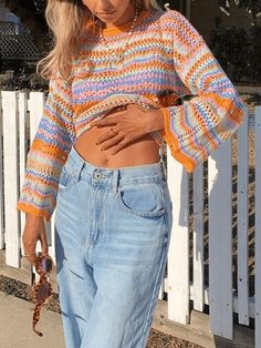 Style: Casual, Street Color: Green, Orange Fabric Content: Acrylic Fit Type: Loose fit Neckline: Crew Neck Sleeve Length: Long Sleeve Design: Crochet Hollow Design, Drop Shoulder Stripe Crochet, Crochet Knit Sweater, Design Crochet, Long Sleeve Design, Crochet Clothes For Women, Orange Fabric, Hollow Design, Sweaters Online, Green Sweater