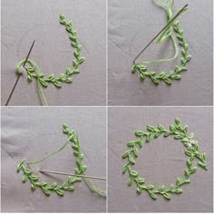 four photos showing how to make a crochet wreath with green yarn and thread