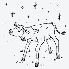 a black and white drawing of a cow standing in the grass with stars behind it