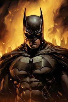 the batman is standing in front of flames