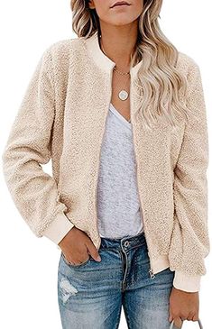 MIROL Women's Sherpa Fleece Jacket Faux Fuzzy Long Sleeve Casual Zip Up Bomber Coat with Pockets at Amazon Women’s Clothing store Sherpa Fleece Jacket, Winter Fur Coats, Womens Sherpa, Waffle Knit Sweater, Coat Pocket, Coat Outfits, Zipper Jacket, Long Sleeves Jacket, Sherpa Fleece