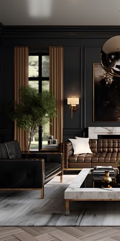 an elegant living room with black walls and leather sofas, coffee table, planter and painting on the wall