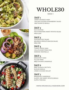 the menu for whole 30 is shown in three different pictures, including salads and chicken