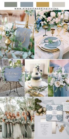 a collage of photos with blue and white wedding colors