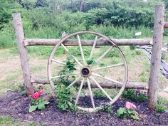 an old wagon wheel sitting in the dirt near a wooden fence with flowers growing on it