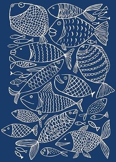 a group of fish swimming together in the ocean on a blue background with white lines