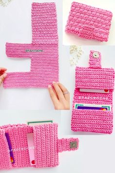 crocheted pink purses are being made with the letter e and an open wallet