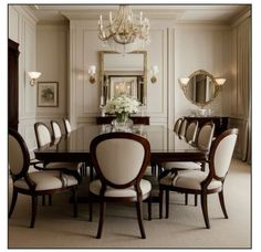 an elegant dining room with chandelier and table in the center, chairs around it