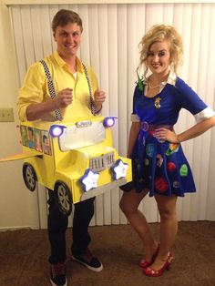 a man and woman are dressed up as characters from the movie spongebob, standing next to each other